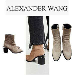 Alexander Wang Suede Ankle Boots Taupe Block Heel Zip Booties Size 36.5 US 6
